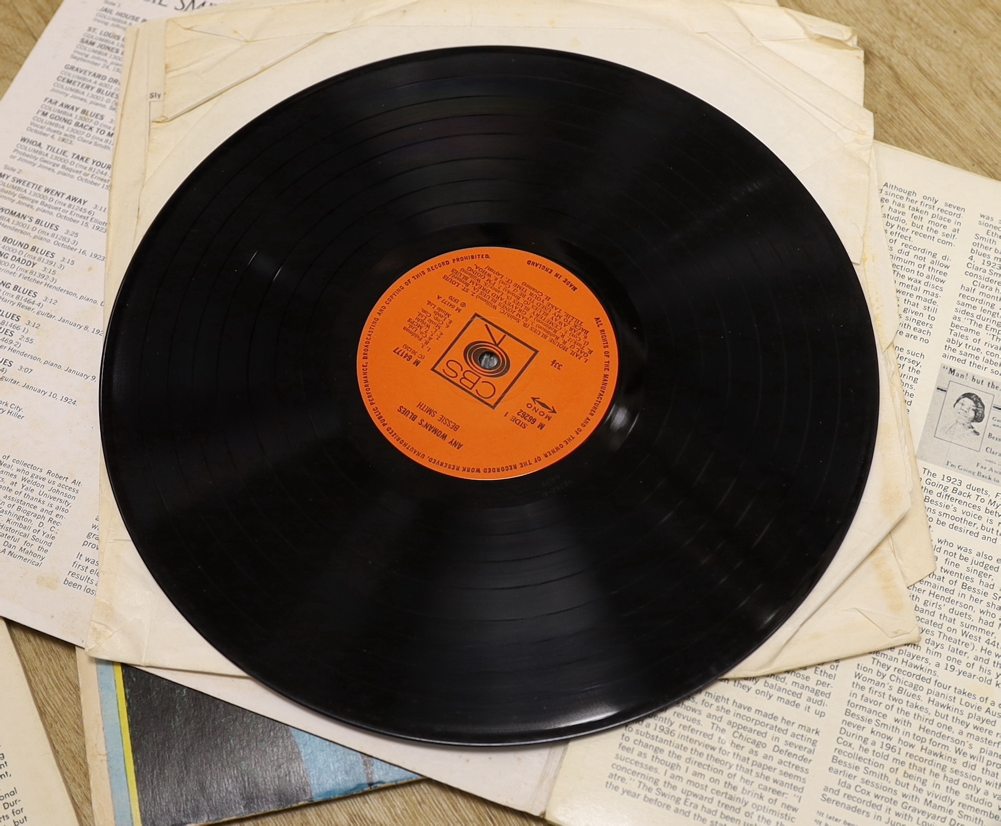 Forty-six Jazz LPs including, Bessie Smith, Charlie, Mingus, Ornette Coleman, Fats Waller, Bix Beiderbecke, Jelly Roll Morton, Louis Armstrong, Leadbelly, Ian Menzies, etc. together with six 10 inch LPs, etc.